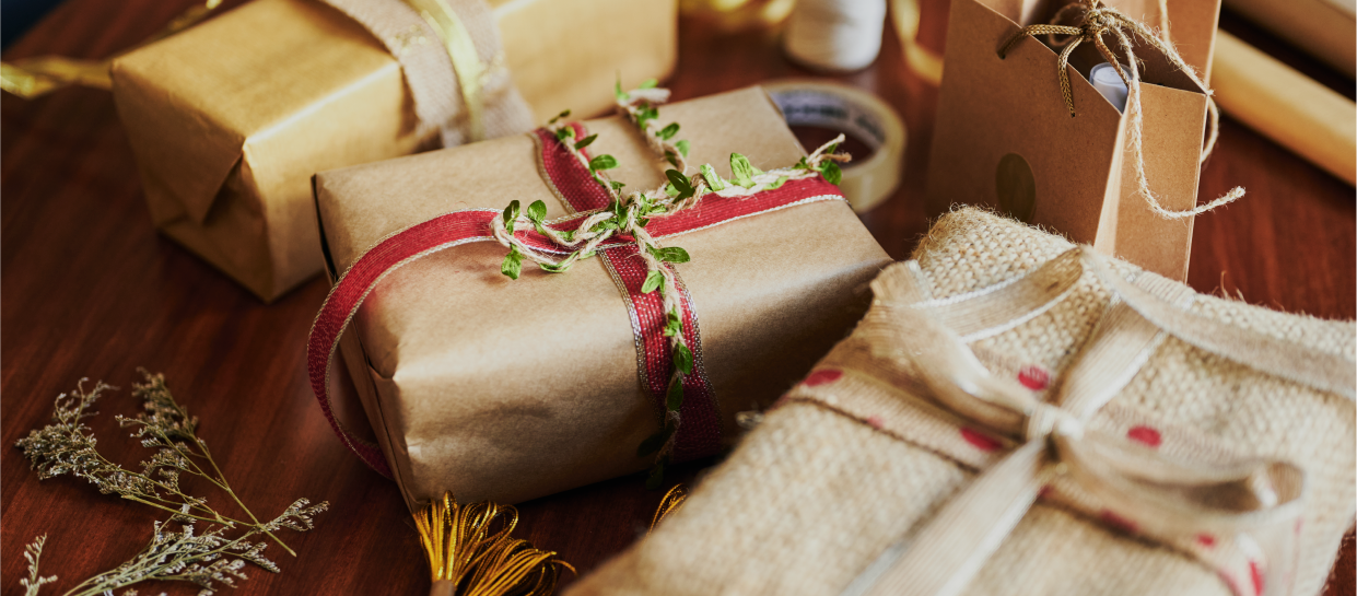 Gifts wrapped in reused paper and bows