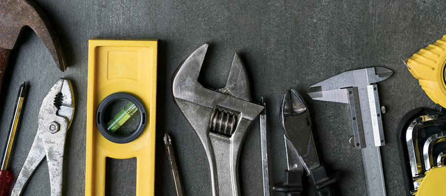 A variety of home tools on a table